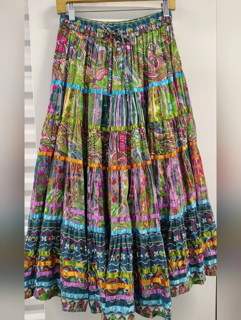 NEW Boho-chic Vibrant Multi-Color Tiered Cotton Maxi Skirt by Travel Smith S